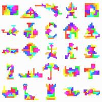 Puzzle game. Tetris bricks for children. Schemas with different transport and objects. Polyominoes puzzle. Vector illustration