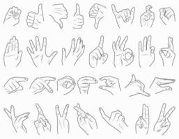 Big set with gestures of hands on white background.Set of linear female hands isolated on white background. Trendy minimalism style. vector