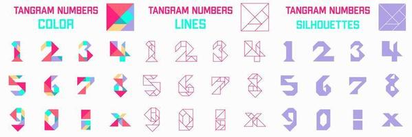 Tangram puzzle game. Schemas with different numbers. Game for children. Tangram color, silhouettes and lines. vector