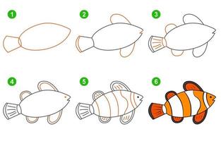 Instructions for drawing cute clown fish. Follow step by clown fish. Worksheet for kid learning to draw pisces. Game for child vector page. Scheme for drawing clown fish. Vector illustration