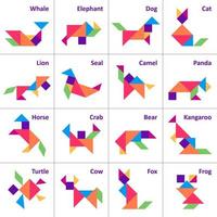 Tangram puzzle. Set of tangram wild and farm animals. Jigsaw for kids. Vector set. Vector illustration