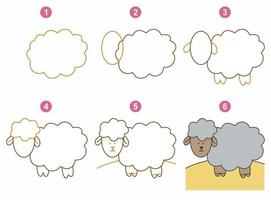 Instructions for drawing cute lamb. Follow step by step. Worksheet for kid learning to draw domestic animals. Game for child vector page. Scheme for drawing lamb. Vector illustration