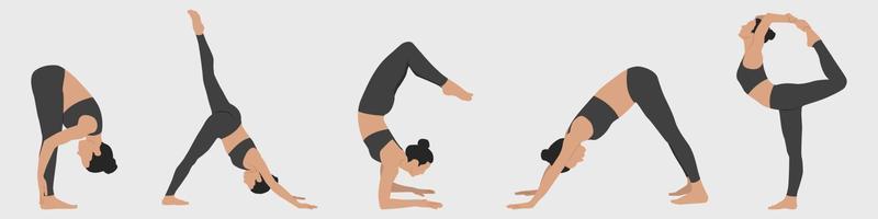 Set with women doing yoga. Yoga Positions. Women practice yoga. Vector illustration in minimalism style.