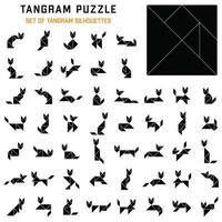 Tangram puzzle. Silhouettes of tangram cats in different poses. Jigsaw for kids. Vector set. Vector illustration