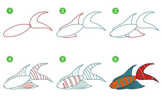 Instructions for drawing cute macropodus. Follow step by macropodus. Worksheet for kid learning to draw pisces. Game for child vector page. Scheme for drawing macropodus. Vector illustration