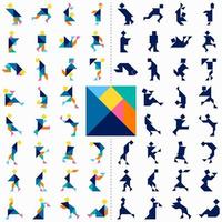 Tangram puzzle. Set of tangram people in different poses. Big vector set. Color and silhouette tangram. Vector illustration.