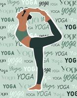 hermoso cartel con mujer practicando yoga. fondo con texto de diferentes fuentes. ilustración moderna con yoga. ilustración vectorial vector