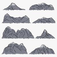 Set with eight silhouettes of different grey mountains. Vector illustration. Vector isolated design elements.