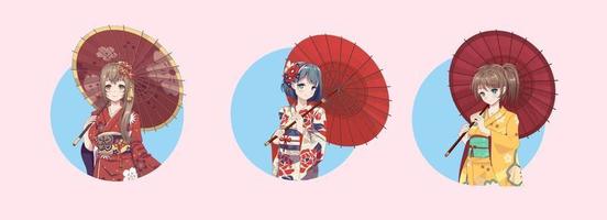 personajes de dibujos animados de anime manga girl. chica con kimono japonés con paraguas. iconos redondos aislados. vector