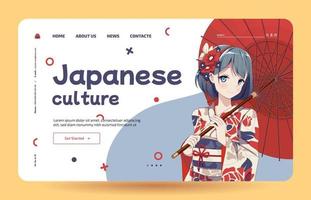 Anime manga girls in traditional Japanese kimono costume holding umbrella. Japanese culture - Landing page template vector