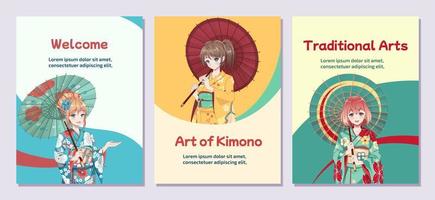 Poster or flyer. Anime manga girls in traditional Japanese kimono costume holding paper umbrella. Vector illustration on isolated background