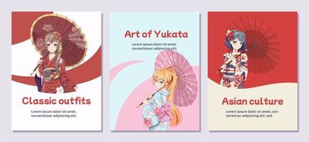 cartel o volante. anime manga girls en traje de kimono japonés tradicional con paraguas de papel. ilustración vectorial sobre fondo aislado