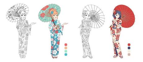 Anime manga girl wearing Japanese kimono. Contour vector illustration for coloring book. Monochrome and colored versions