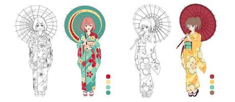 Anime manga girl wearing Japanese kimono. Contour vector illustration for coloring book. Monochrome and colored versions