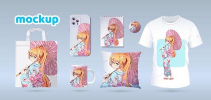 Anime Manga girl in traditional kimono. Identity branding mockup set top view. Prints on t-shirts, sweatshirts, cell phone cases, bags, souvenirs. Isolated vector illustration on white background