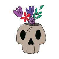 Skull with flowers cartoon vector illustration. Skeleton element for Halloween decoration.