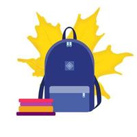 School bag with textbooks and maple leaf illustration.  Student backpack. vector