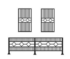 Vector collection of black fences containing fences for houses and for windows isolated on a white background.