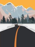 Vector illustration. A view of a mountain on a snowy background. Twilight orange sky. Winter. Forest trees and mountains. Design for website, poster, banner