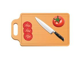 Tomato slices. chopping board wooden background. Top view vector