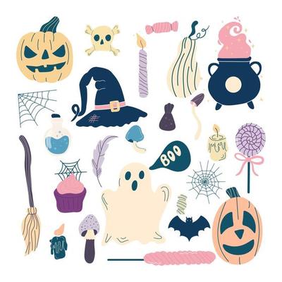 Set of Halloween elements a witch hat, a cauldron with potions, sweets, candles and funny pumpkins. Perfect for scrapbooking, greeting card, party invitation, poster, tag, sticker.