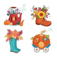 Vector illustration autumn set with boots, chariot, kettle, pumpkin, sunflower, coach, vegetables