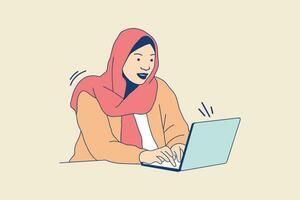 Illustrations of Beautiful modern teenagers muslim students working with laptop vector