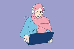 Illustrations of Beautiful Young customer service muslim girl with a headset at her workplace vector