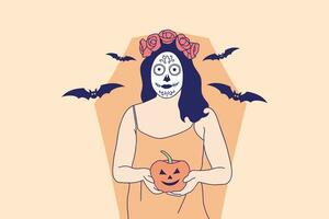 ilustraciones de hermosa mujer joven con maquillaje de calavera sosteniendo calabaza jack o linterna para el concepto de carnaval de halloween vector