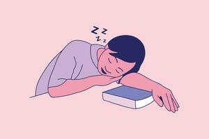 ilustraciones de bellas estudiantes adolescentes durmiendo la siesta en su escritorio con un libro vector