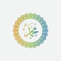 Prophet Muhammad, Peace Be upon Him in Arabic calligraphy Muhammad Birthday with circle frame and gradient color, for greeting, card and social media vector