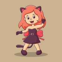 linda caricatura de niña con disfraz de gato celebrando halloween. personaje de dibujos animados de la mascota de la bruja. icono de halloween concepto blanco aislado. estilo de caricatura plana adecuado para la página de destino web, banner, volante vector