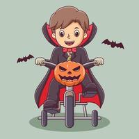 Cute Kid Cartoon Wearing Dracula Costume Riding a Bicycle. Kid Mascot Cartoon Character. Halloween Icon Concept . Flat Cartoon Style Suitable for Web Landing Page, Banner, Flyer, Sticker, Card vector