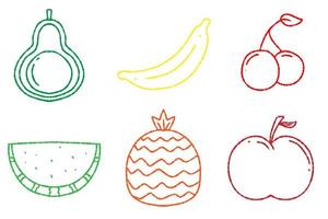 Vector illustration of fruits. Avocado, banana, cherry, watermelon, pineapple, apple icons with colored outline