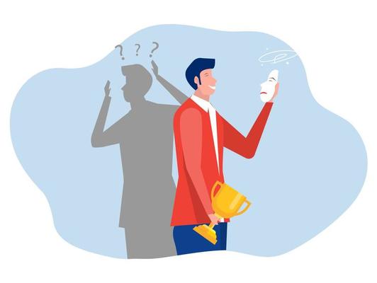Imposter syndrome man take award with shadow Anxiety and lack of self confidence at work,the person fakes is someone else concept