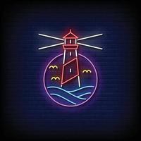 Neon Sign light house with Brick Wall Background vector