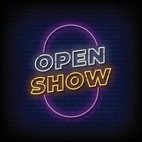 Neon Sign open show with Brick Wall Background vector