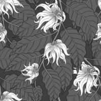 VECTOR SEAMLESS DARK GRAY PATTERN WITH WHITE YLANG-YLANG FLOWERS ON GRAY BRANCHES