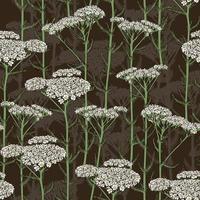 SEAMLESS BROWN VECTOR PATTERN WITH BLOOMING WHITE YARROW