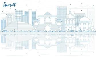 Outline Surat Skyline with Blue Buildings and Reflections. vector