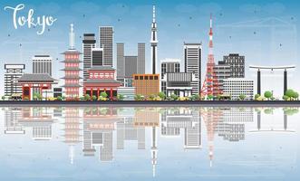 Tokyo Skyline with Gray Buildings, Blue Sky and Reflections. vector