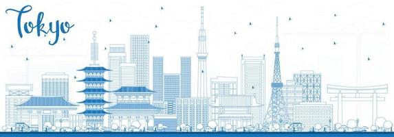 Outline Tokyo Skyline with Blue Buildings. vector