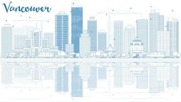 Outline Vancouver skyline with blue buildings and reflections. vector