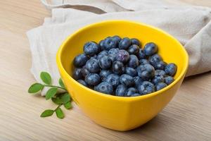 Blueberry in a bowl on wooden background photo