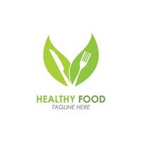 tenedor de logotipo de comida saludable con icono de vector de decoración de hojas verdes