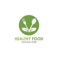 tenedor de logotipo de comida saludable con icono de vector de decoración de hojas verdes