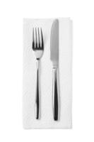 Knife and fork with tissue and isolated on white