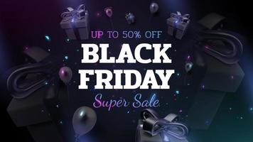 Black friday background with gift box decoration and balloons with glitter light effect element. 3d realistic vector design.