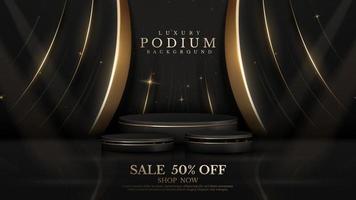 Product display podium with golden curve line decoration and glitter light effect elements and star. Black luxury background. vector