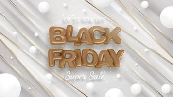 Realistic black friday sale banner sign on white luxury background with balls and golden line decoration and glitter light effect elements.